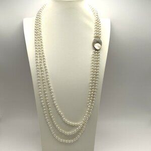 Vintage 3 Strand Faux Pearl Necklace with Rhinestone MOP Clasp Statement Bridal